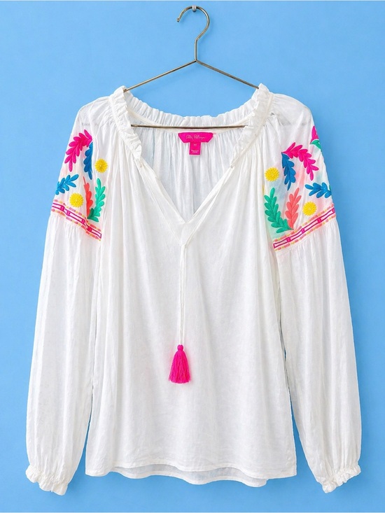 Lilly Pulitzer Tops - Lilly Pulitzer White Embroidered Peasant Blouse with Pink Tassel
